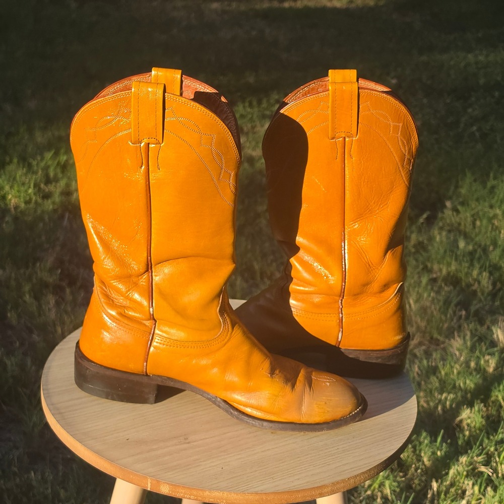 Nocona Orange Leather Cowboy Boots Western Pointed Toe Mid Calf Mens - Picture 7 of 11
